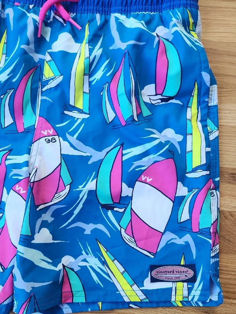 Vineyard Vines Blue Sailboat Print Boys Swim Trunks with Pink Drawstring